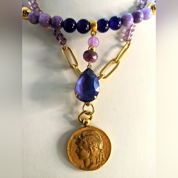 Natural Purple Jade & Amethyst Two Strand Bead In Paperclip Chain Necklace - Picture 4 of 10